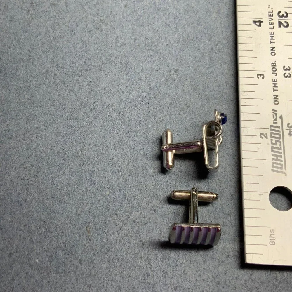 Single Cufflinks Lot Silver Light Purple Lilac Lavender Stripes Dark Blue Stone